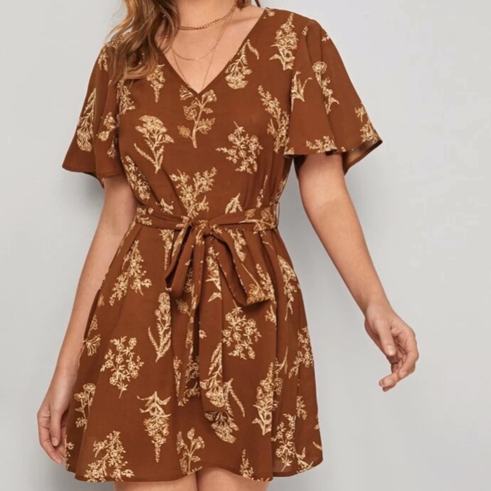 SHEIN Botanical, White flower, Orange Belted Dress